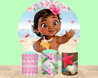 Princess Moana Round Backdrop,Cartoon Elastic Cylinder Cover Backdrop,Girls Birthday Party Decor Plinth Covers Round Background Photo Studio