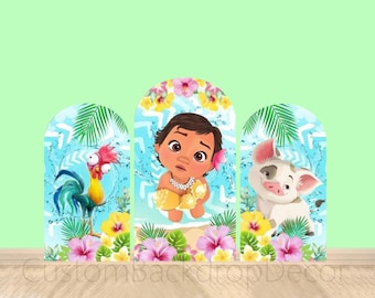 Arco redondo de la princesa Moana, fondo de pared con cubierta, arco de Chiara, fondo de verano, océano, playa, niña, fiesta de primer cumpleaños, arco elástico, fondo de cubierta