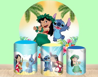 Lilo and Stitch Elastic Cylinder Cover Backdrop,Tropical Trees Hawaii Round Backdrop,Kids Birthday Party Decor Banner Round Photo Background