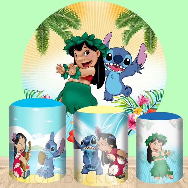 Lilo and Stitch Elastic Cylinder Cover Backdrop,Tropical Trees Hawaii Round Backdrop,Kids Birthday Party Decor Banner Round Photo Background
