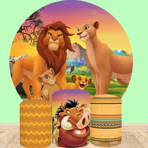 Lion King Party Decor Cylinder Cover Backdrop,Cartoon Lion Kids Newborn Birthday Party Baby Shower Decor Round Background photo Booth Studio