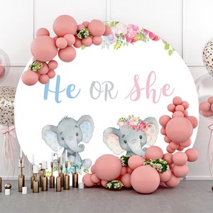 Elephant Gender Reveal Round Photography Backdrop,Boy or Girl Birthday Party Baby shower Circle Background Photo Studio Prop,Custom backdrop