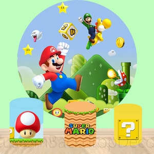 Cartoon Super Marios Bros Round Backdrop,Custom Elastic Cylinder Cover Backdrop,Boy Birthday Party Baby Shower Decor Round Photo Background