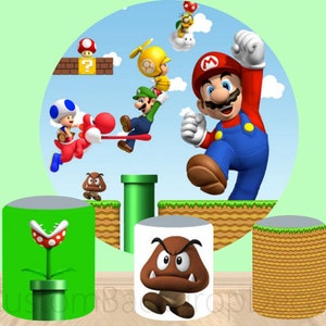 Super Marios Bros Round Photography Backdrop,Cartoon Elastic 3pcs*Cylinder Cover Backdrop,Boys Birthday Party Decor Round Photo Background