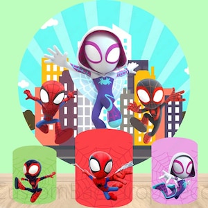 Spidey&His Amazing Friends Birthday Round Backdrop,Spider Elastic Cylinder Cover Backdrop,Birthday Party Decor Round Background photo Booth