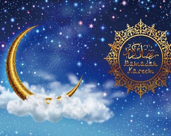 Islamic Eid Mubarak Photo Backdrop Happy Festival Glod Moon Bokeh Photography Background Navy Blue Sky Shiny Vinyl Photo Studio Props