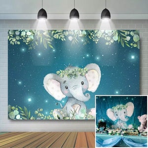 Blue Elephant Baby Shower Backdrop Boy Elephant Birthday Banner Background Green Leaf Blue Elephant Twinkle Stars Birthday Party Backdrops