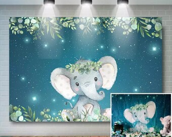 Blauwe Olifant Babyshower Achtergrond Jongen Olifant Verjaardag Banner Achtergrond Groen Blad Blauwe Olifant Twinkle Stars Verjaardagsfeestje Achtergronden