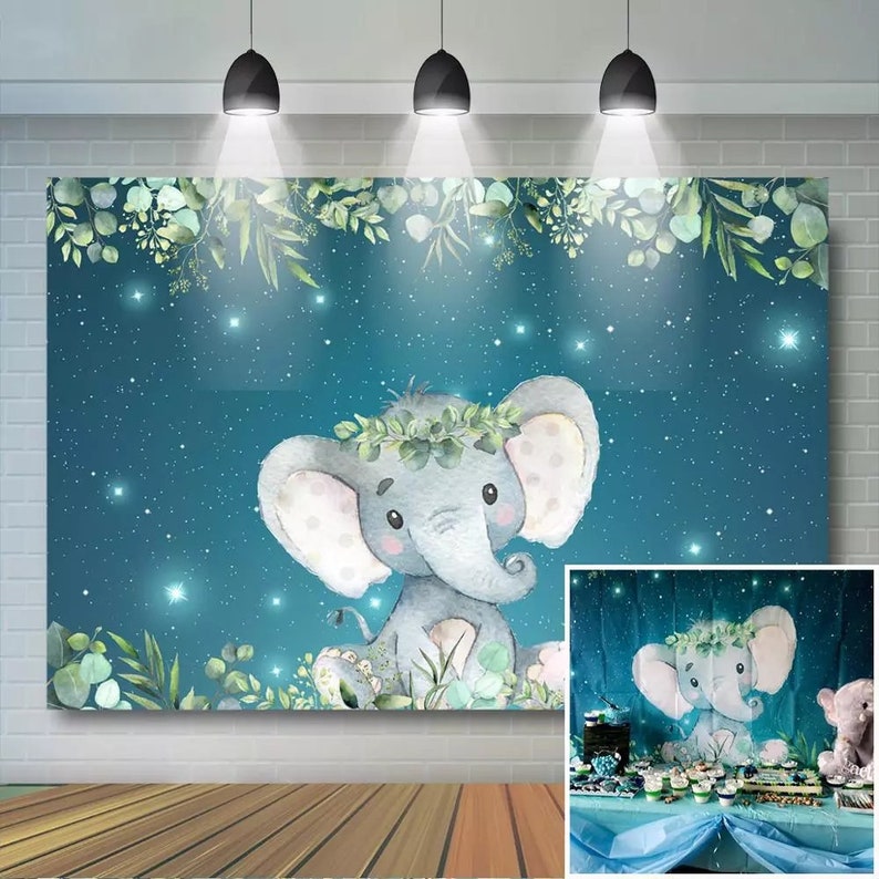 Blue Elephant Baby Shower Backdrop Boy Elephant Birthday Etsy