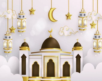 Islamic Eid Mubarak Photo Backdrop Happy Festival Glod Moon Bokeh Photography Background Navy Blue Sky Shiny Vinyl Photo Studio Props
