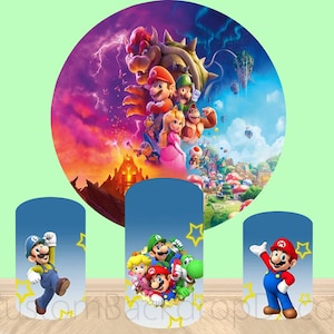 Super Marios Bros Round Backdrop,Star Cartoon Elastic Cylinder Cover Backdrop,Kids Birthday Party Baby Shower Decor Round Photo Background
