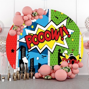 Ronde Superheld Fotografieachtergrond, Verjaardag Jongensfeestje Cirkel Vinyl Polyester Achtergrond Photo Booth Studio Prop, Cartoon Stadsgezicht achtergrond