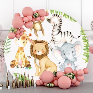 Fondo de fotografía redondo para fiesta de animales de dibujos animados de la jungla, fondo circular de safari para cumpleaños de niños, baby shower, estudio fotográfico, fondo personalizado