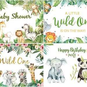 Jungle Safari Theme Happy Birthday Party Photography Background Wild One Baby Shower Backdrop Vinyl Banner Prop Photocall Custom Baby&#39;s Head