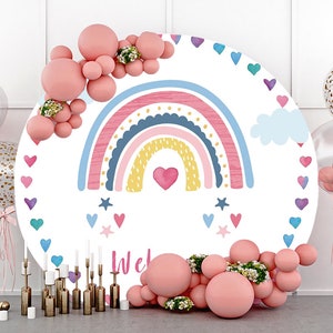 Boho Rainbow Pink Bohemian Round Photography Backdrop,Heart Stars Girl Birthday party Baby shower Circle Photo Background,Custom Backdrop