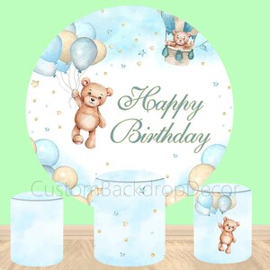 Hot Air Balloon Bear Theme Cylinder Cover Backdrop,Stars happy Birthday Party Decor Round Circle Background,Plinth Cover Elastic background