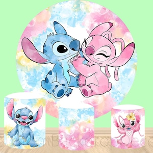 Lilo and Stitch  Round Backdrop,Waterolor Stitch Gender Reveal Elastic Cylinder Cover Backdrop,Birthday Party Baby Shower Round Background