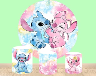 Lilo and Stitch  Round Backdrop,Waterolor Stitch Gender Reveal Elastic Cylinder Cover Backdrop,Birthday Party Baby Shower Round Background