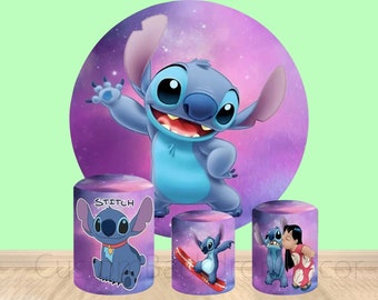Cartoon Stitch Elastic Cylinder Cover Backdrop,Lilo And Stitch Round Backdrop,Kids Birthday Party Decor Round Background photo Booth Studio