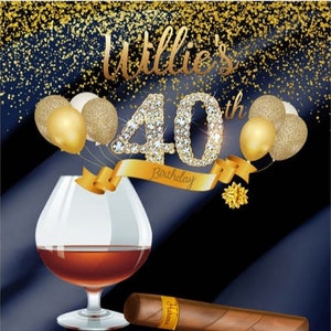 Happy Man 40th 50th Birthday party Photography Backdrop Dark Blue Background Photo Booth Studio Prop,Cigar and Cognac Custom backdrop banner