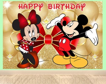 Fondo de fotografía de dibujos animados de Mickey y Minnie Mouse, fondo de Disney, globos dorados con purpurina, decoración para fiesta de cumpleaños, pancarta personalizada