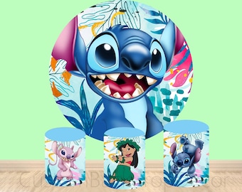 Cartoon Lilo And Stitch Elastic Cylinder Cover Backdrop,Disney Round Backdrop,Girls Kids Birthday Party Decor Round Background photo Studio