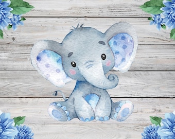 Leuke Olifant Fotografieachtergrond Jongens Verjaardag Babyshower Achtergrond Decor Paars Blauwe Bloemen Bladeren Houten Vinyl Photo Booth Achtergrond