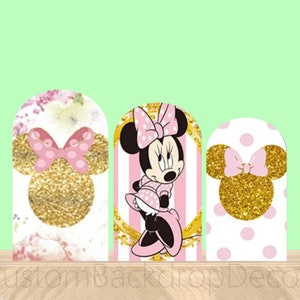 Arco redondo de Minnie Mouse para bailar, cubierta de pared, fondo de arco rosa con purpurina dorada, decoración para fiesta de cumpleaños de niña, arco elástico para cubrir el fondo.