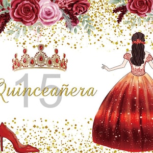 May include: A Quinceañera invitation with a gold crown, the number 15, and a red dress with gold glitter. The background is white with gold glitter.