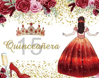 Quinceanera Red princess Background for Sweet 15 Birthday Party Decor Banner Diamond flowers Adult Ceremony Photography studio Backdrop