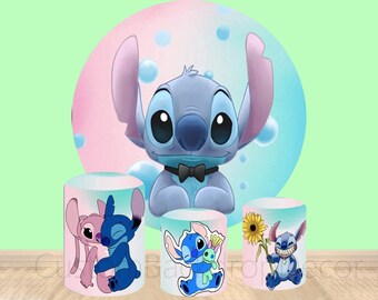 Customize Stitch Elastic Cylinder Cover Backdrop,Lilo&Stitch Round Backdrop,Kids Birthday Party Decor Round Background photo Booth Studio
