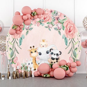 Custom Cartoon Dier Ronde Fotografieachtergrond, Roze Roos Bloem Kids Babyshower Verjaardagsfeestje Decor Cirkel Achtergrond Photo Booth Studio: