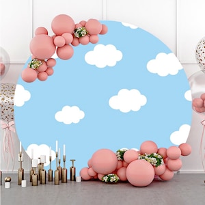 Round blue sky and white clouds Photography Backdrop,Blue Birthday Party Decor Circle Background Photo Studio Props,Custom backdrop banner