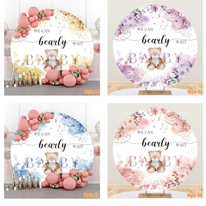 Sfondo fotografico rotondo con orsetto dei cartoni animati, baby shower, fiori boho, possiamo aspettare con ansia ragazzo e ragazza, decorazione per feste di compleanno, sfondo circolare per studio