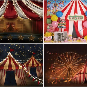 Indoor Circus Theme Clown Play Show Red Curtain Baby Child Photography Backdrop Ferris Wheel Neon Lights Party Background Photo Booth Studio