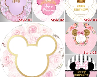 Round Mouse Party Photography Backdrop,Pink Flower Kids 1st Birthday Party Baby shower Circle Background Photo Studio props,Custom backdrop