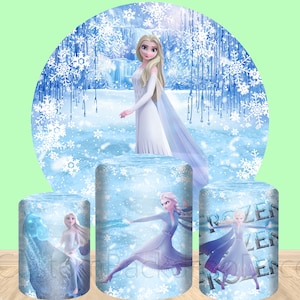 Winter Wonderland Party Decor Cylinder Cover Backdrop,Cartoon Girl Frozen Elsa Princess Birthday Party Decor Round Background photo Booth