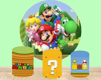 Cartoon Super Marios Bros Round Backdrop,Peach Princess Elastic 3*Cylinder Cover Backdrop,Kids Birthday Party Decor Round Photo Background