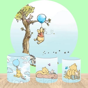 Blue Winnie the Pooh Round Backdrop,Cartoon Disney Elastic Cylinder Cover Backdrop,Children's Birthday Party Decor Round Photo Background