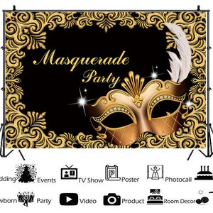 Sfondi per feste a tema mascherata, sfondi per feste di compleanno, fondali per decorazioni murali in oro e nero, fondali fotografici in vinile con maschera