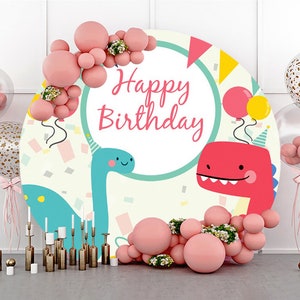 丸い恐竜のハッピーバースデー写真撮影背景、恐竜テーマの誕生日パーティーの円形背景写真ブーススタジオ、カスタム背景