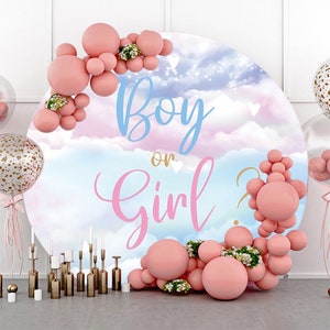 Roze Blauwe Wolken Geslacht Onthullen Ronde Fotografieachtergrond, Jongen of meisje Verjaardagsfeestje Babyshower Cirkel Achtergrond Studio, aangepaste achtergrond: