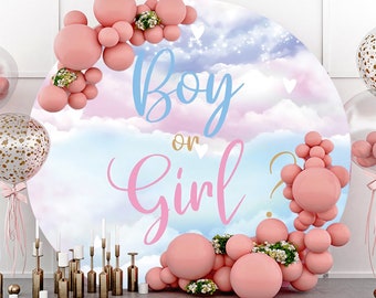 Pink Blue Clouds Gender Reveal Round Photography Backdrop,Boy or Girl Birthday Party Baby shower Circle Background Studio,Custom backdrop