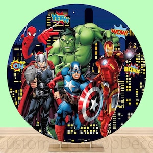 Avengers Elastic Cylinder Cover Backdrop,Superheros Spiderman Hulk Round Backdrop,Kids Boy Birthday Party Decor Round Background photo Booth