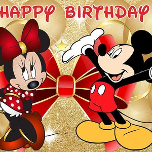 May include: Mickey Mouse and Minnie Mouse in a happy birthday scene with a red bow and gold balloons. The background is gold glitter.