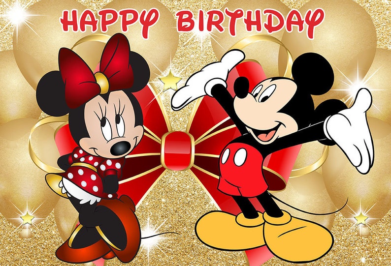 May include: Mickey Mouse and Minnie Mouse in a happy birthday scene with a red bow and gold balloons. The background is gold glitter.