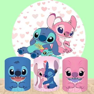 Lilo and Stitch Elastic Cylinder Cover Backdrop,Cartoon Round Backdrop,Kids Birthday Party Baby Shower Round Photo Background Decor Poster