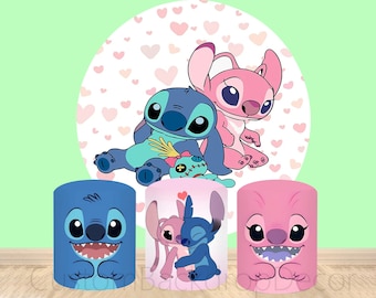 Lilo and Stitch Elastic Cylinder Cover Backdrop,Cartoon Round Backdrop,Kids Birthday Party Baby Shower Round Photo Background Decor Poster