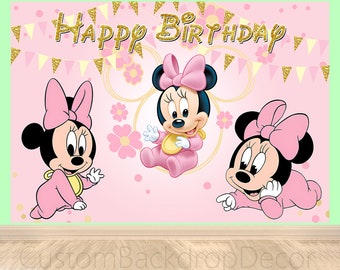Fondo de fotografía de dibujos animados de Minnie Mouse, fondo de niña de Disney, fondo de decoración de fiesta de feliz cumpleaños para baby shower, pancarta personalizada rosa