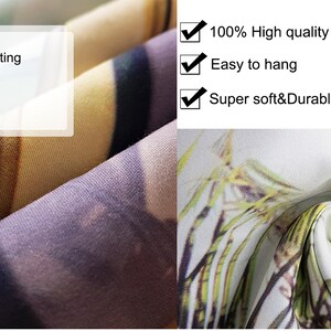 May include: Close-up of a soft, white fabric with a floral print. The fabric is 100% polyester and is described as high quality, easy to hang, and super soft and durable. The fabric is also printed with high definition digital printing, vivid colors, crisp lines, and is non-toxic.